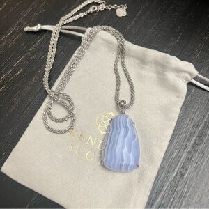 Rare Kendra Scott Blue Lace Agate Pendant Sandra Statement Necklace Silver Tone